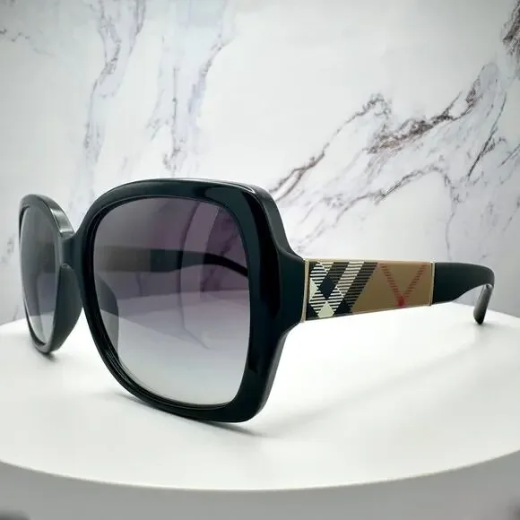 New Burberry Sunglasses Black Square Frames Checkered Arms Gradient BURBERRY - Picture 3 of 16